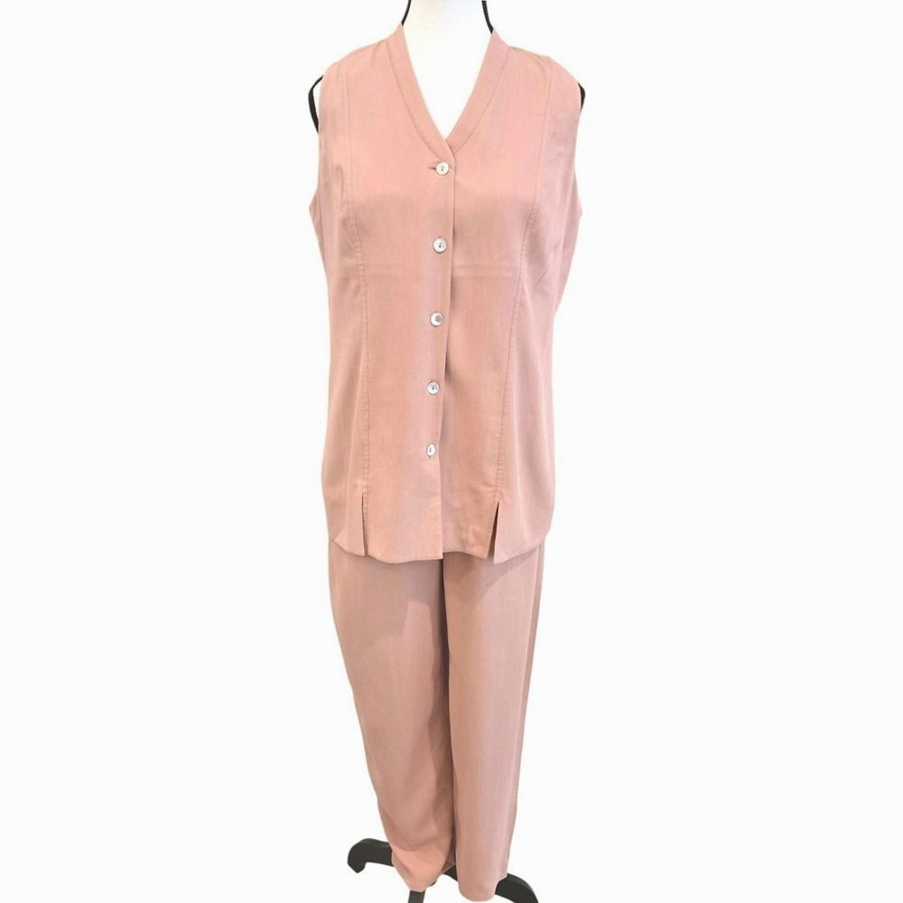 Vintage 90s Bloomingdales Petite 100% Silk 2PC Pant Set Blush Pink Small Medium